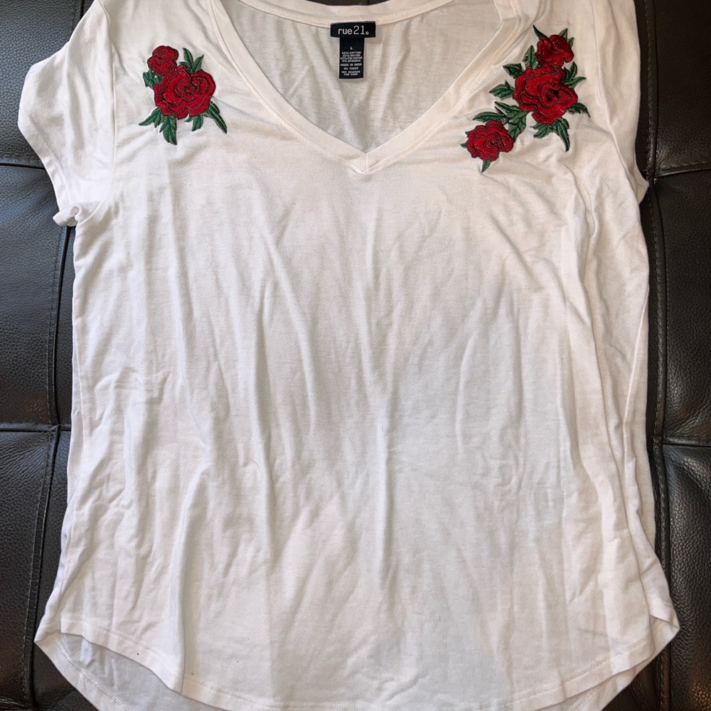 Rue21 White Tee with Red and Green Floral Design
